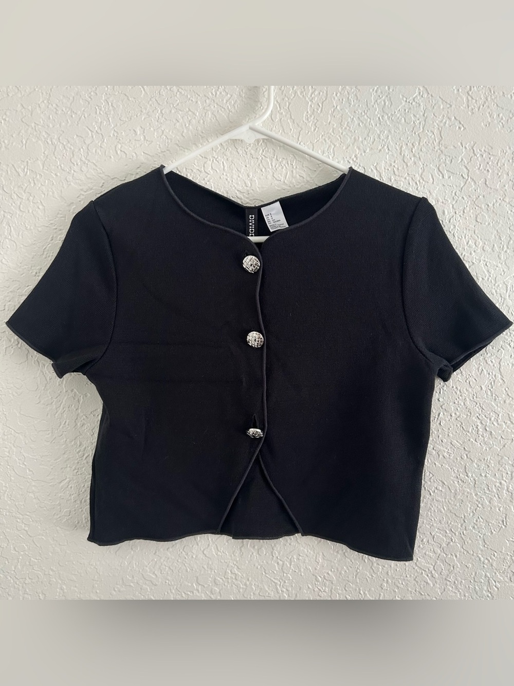 H&M Black Cropped Short Sleeve Button Cardigan